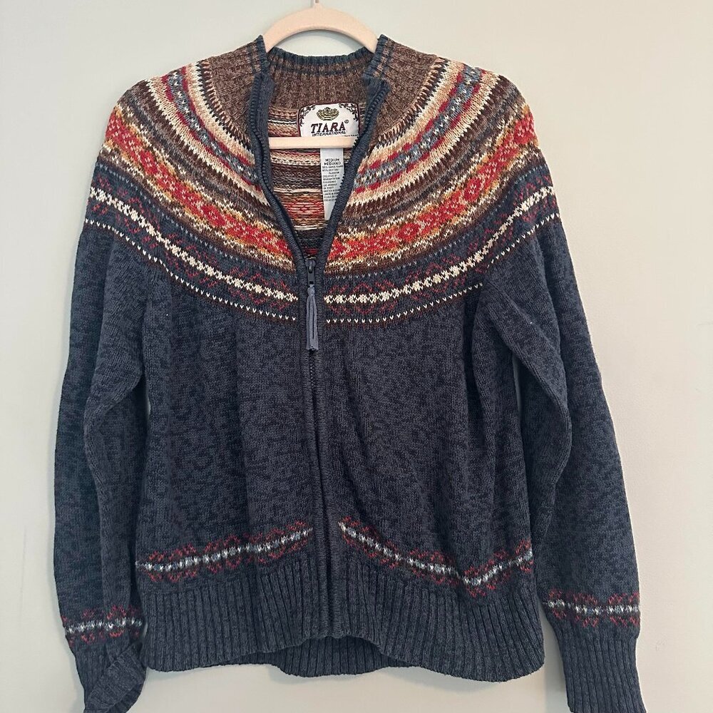 Tiara International Vintage Full Zip Fair Isle Cardigan Sweater - Medium